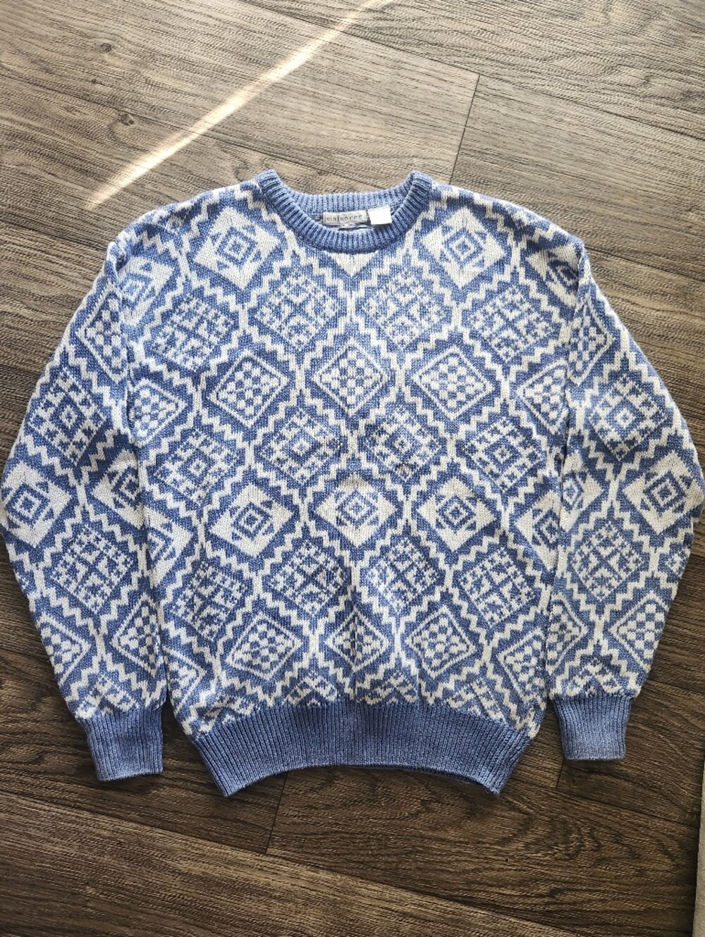 Vintage 90s Claiborne Blue Geometric Diamond Pattern Linen Cotton Sweater Size L